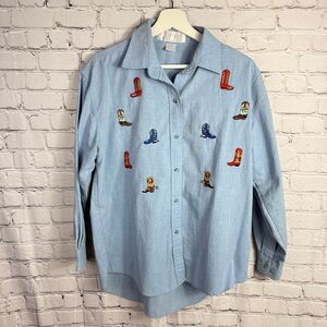 Vintage Chambray Cowgirl Embroidered Boots Button down Shirt Large A